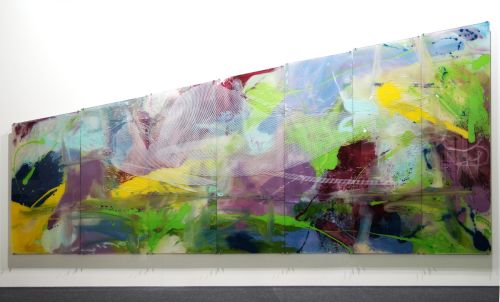 <p>SE JOUER DE / Kunstharz hinter, Siebdruck auf Glas / 194x396cm, 7-teilig / 2014,15</p>
